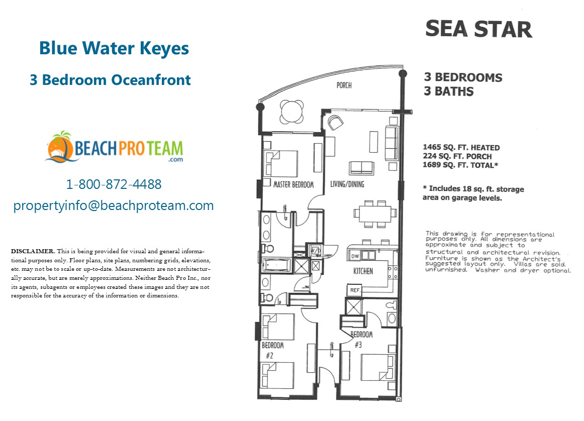 Blue Water Keyes Sea Star Floor Plan - 3 Bedroom Oceanfront